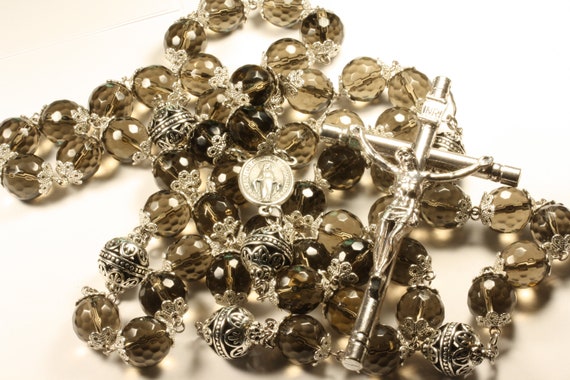 14mm Smokey Quartz Stone Bead Wall Rosary in Silver made in Oklahoma