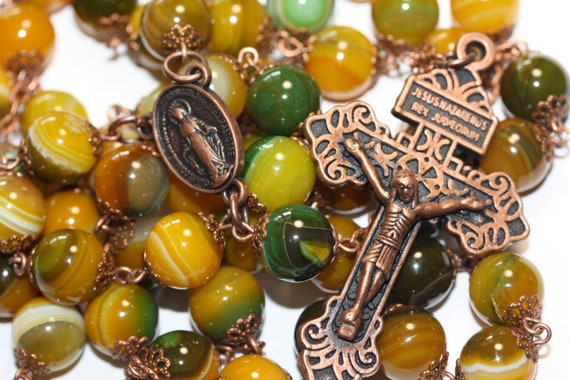 Huge 10mm Yellow and Green Agate Coper Handmade Rosary Handmade in Oklahoma 5 decade Pardon Crucifix