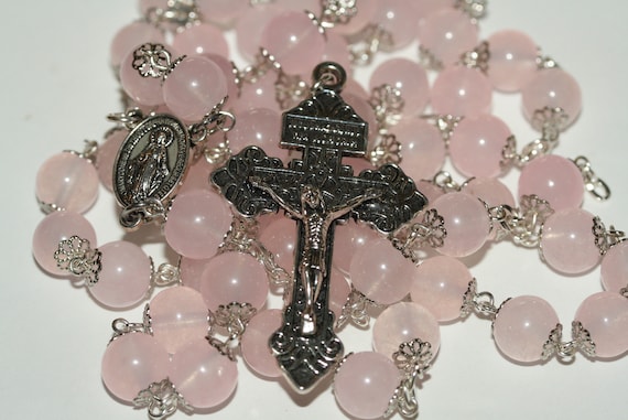 10mm Very Light Colored Rose Quartz Rosary in silver handmade in Oklahoma with a Pardon Crucifix