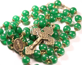 Large 10mm Green Jade and Bronze Handmade Rosary Handmade in  Oklahoma 5 decade Pardon Crucifix