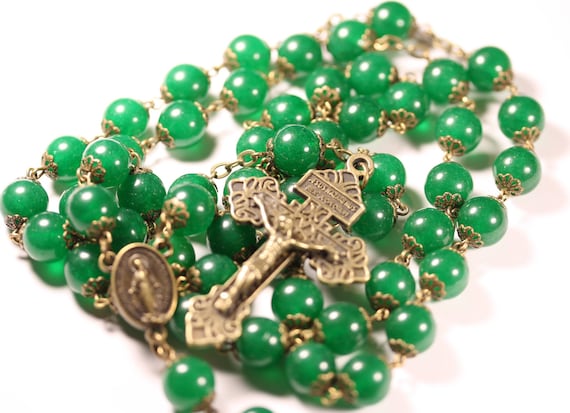 Large 10mm Green Jade and Bronze Handmade Rosary Handmade in  Oklahoma 5 decade Pardon Crucifix