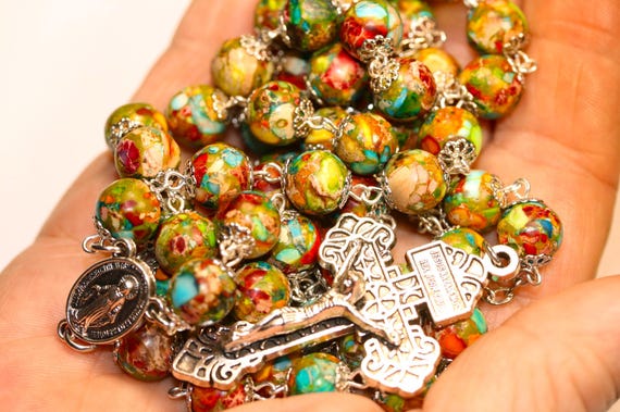 Mosaic Imperial Jasper Rosary, 10mm Bead, Silver Pardon Crucifix & Miraculous Medal Handmade in Oklahoma