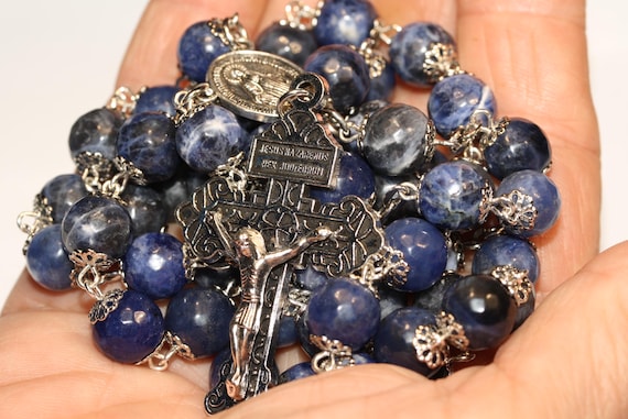 10mm Faceted Sodalite in Silver with a Pardon Crucifix handmade in Oklahoma