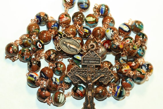 Large 10mm Goldstone and Milifiori (Million Flower) Glass Bead Rosary in Copper Handmade in Oklahoma 5 decade Pardon Crucifix