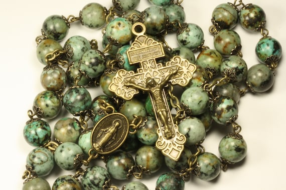 Large 10mm African 10mm Turquoise Bead Rosary in Bronze Handmade in Oklahoma