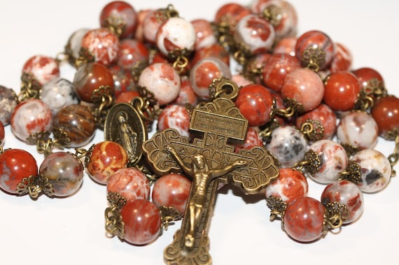 10mm Red Flower Poppy Jasper in Bronze Handmade in Oklahoma 5 decade Pardon Crucifix