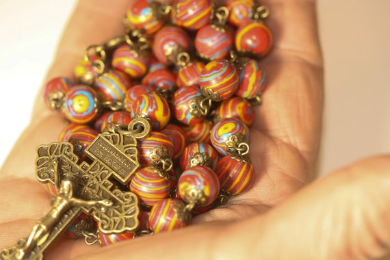 Large 10mm Synthetic Striped Bead Orange Red Yellow Blue in Bronze Rosary Handmade in Oklahoma 5 decade Pardon Crucifix