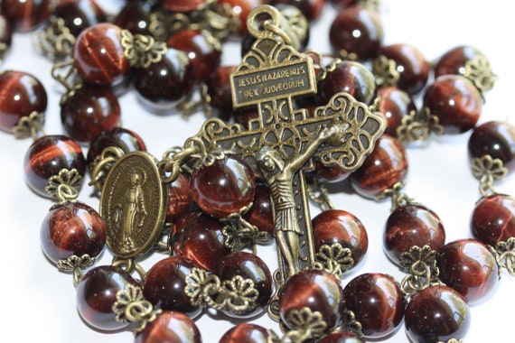 10mm Red Tigereye and Bronze oversized 10mm rosary with Pardon Crucifix handmade in Oklahoma