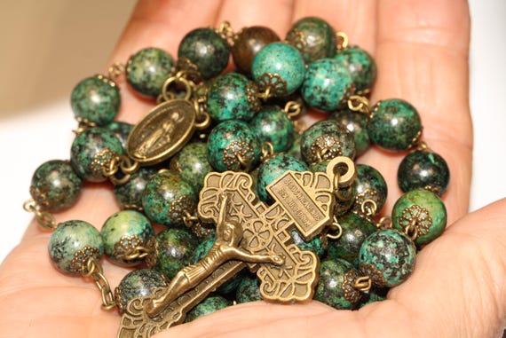 10mm African Turquoise Rosary in Bronze with Pardon Crucifix Handmade in Oklahoma
