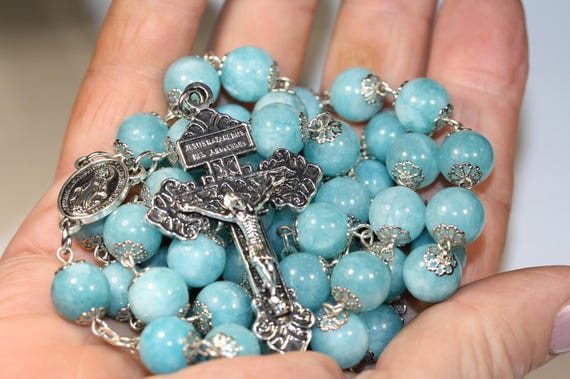 Blue Chalcedony Rosary: Silver Pardon Crucifix, Miraculous Medal, Handmade in Oklahoma