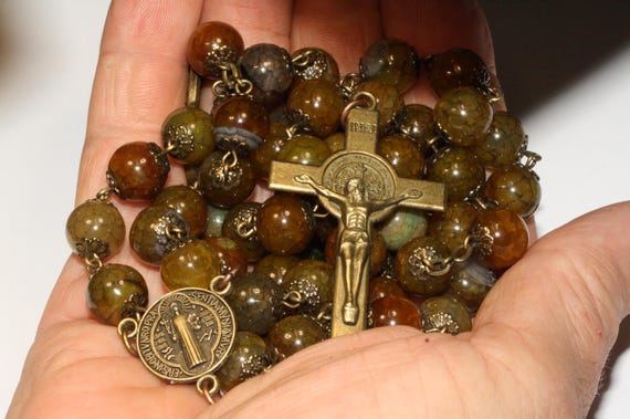 St Benedict Golden Dragon's Vein Agate and Bronze oversized 10mm rosary with Pardon Crucifix handmade in Oklahoma