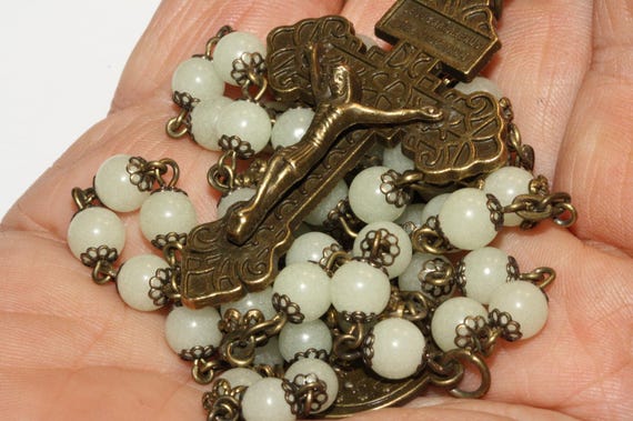 Tiny 5mm Glow in the Dark Rosary with a Pardon Crucifix in Bronze Handmade in Oklahoma