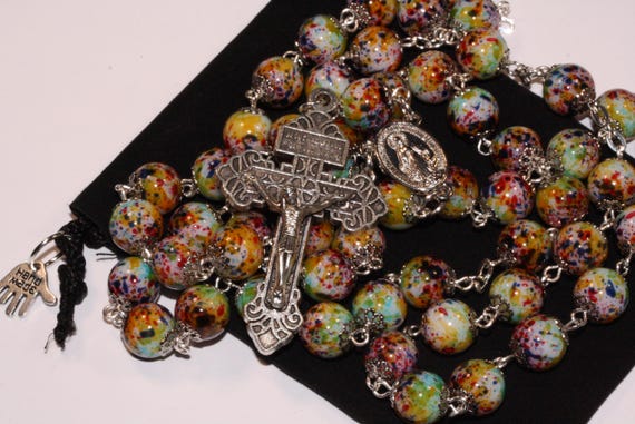 10mm Gass Yellow Red Blue Green Rosary in Silver with Pardon Crucifix made in Oklahoma