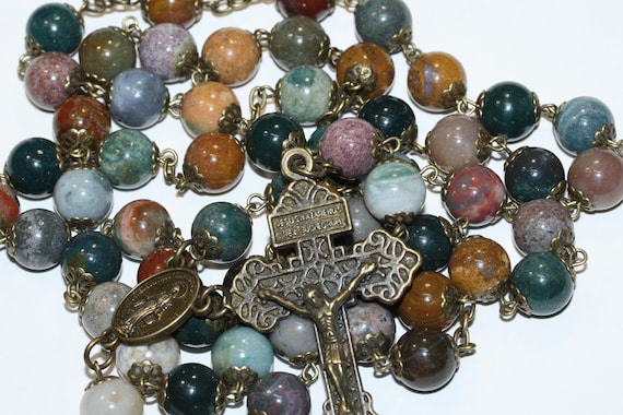 Large 10mm Fancy Agate in Bronze Made Oklahoma 5 Decade Catholic Rosary with Pardon Crucifix