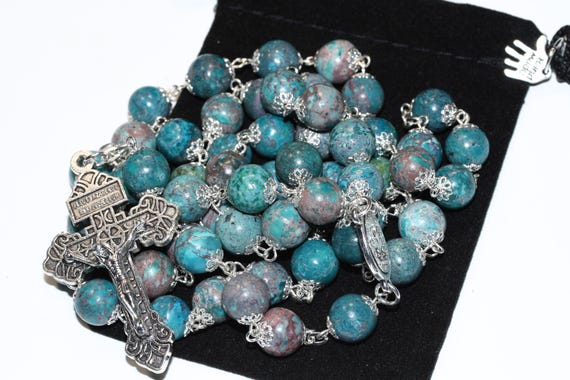 10mm Mediterranean Jasper Rosary: Silver Crucifix, Miraculous Medal (26" Length)
