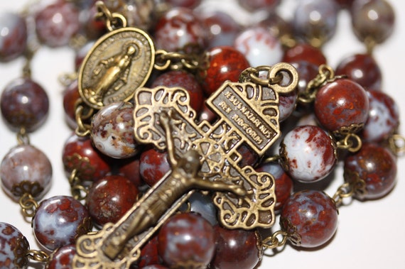 Large Blood Red Moss Agate in Bronze 10mm 5 Decade Bead Rosary Made in Oklahoma