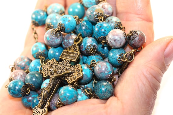 Large 10mm Mediterranean Jasper in Bronze Handmade Rosary Handmade in  Oklahoma 5 decade Pardon Crucifix
