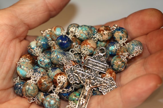 10mm Ocean Imperial Jasper in Silver with a Pardon Crucifix handmade in Oklahoma