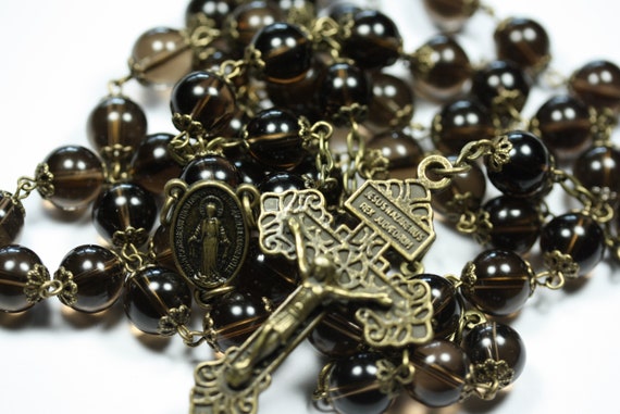 Large 10mm Smokey Topaz and Bronze Handmade Rosary Handmade in Oklahoma 5 decade Pardon Crucifix