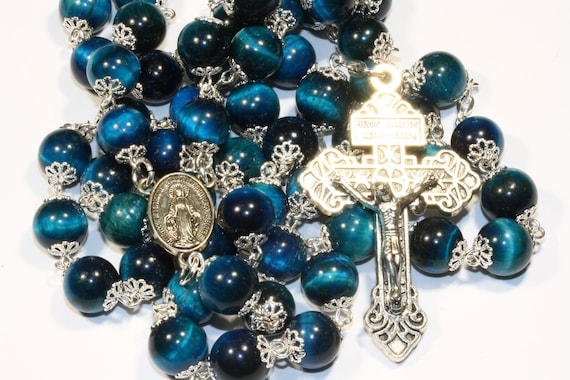 10mm Blue Tiger's Eye Rosary in silver with a Pardon Crucifix handmade in Oklahoma