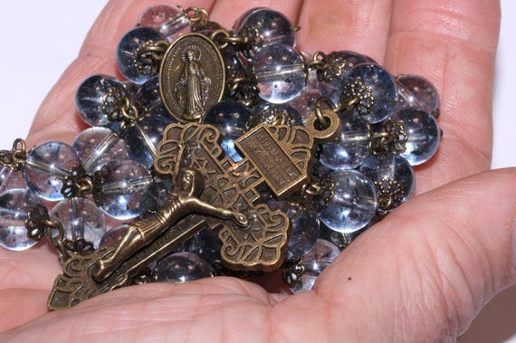 10mm Blue Crystal Rosary in Bronze with Pardon Crucifix handmade in Oklahoma