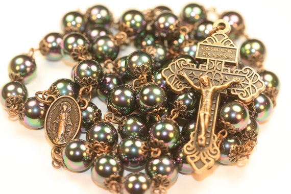 Large 10mm Black Sea Shell in Copper Handmade Rosary Handmade in  Oklahoma 5 decade Pardon Crucifix