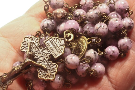 Standard 8mm Purple Speckled Jasper in Bronze Handmade Rosary Handmade in  Oklahoma 5 decade Pardon Crucifix