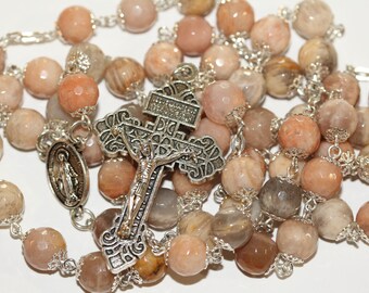 Large 10mm Faceted Sunstone Bead Rosary in Silver handmade in Oklahoma