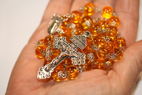 Large  10mm Citrine and Silver Handmade Rosary Handmade in  Oklahoma 5 decade Pardon Crucifix