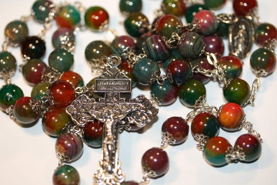 Peacock Agate Rosary with Pardon Crucifix, Catholic Prayer Beads
