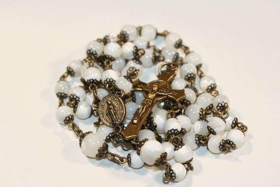 Tiny 5mm White Shell Rosary in Bronze Handmade in Oklahoma