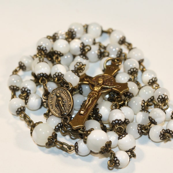 Tiny 5mm White Shell Rosary in Bronze Handmade in Oklahoma