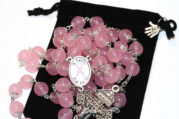 10mm Rose Quartz St. Agetha Breast Cancer Rosary made in Oklahoma