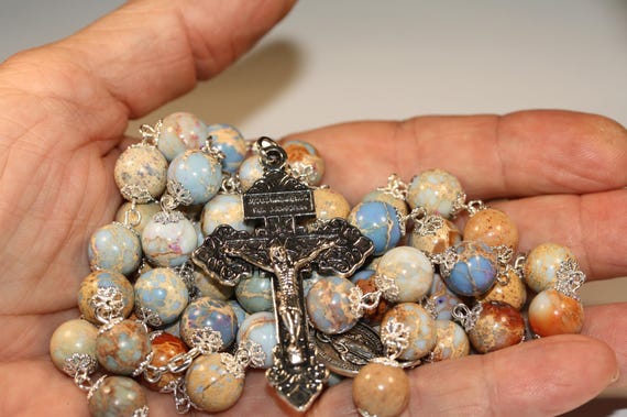 Large 10mm Imperial Jasper Rosary with Miraculous Medal & Pardon Crucifix (Handmade)