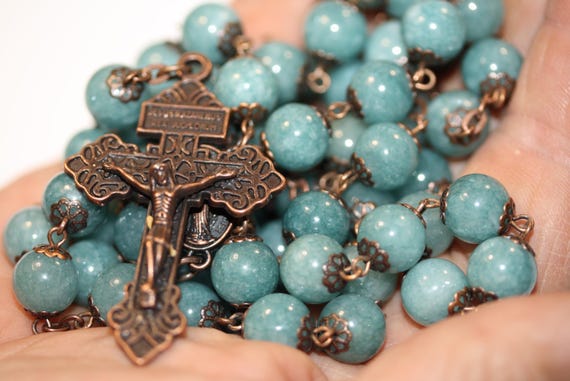 10mm Nonfaceted (smooth) Aquamarine Chalcedony Bead Rosary in Copper with a Pardon Crucifix made in Oklahoma