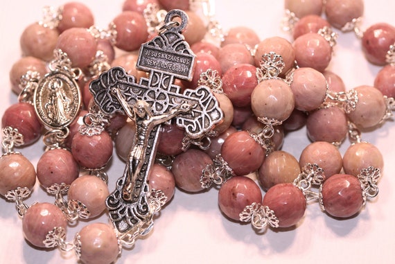 10mm Rhodochrosite Bead Rosary in Silver made in Oklahoma