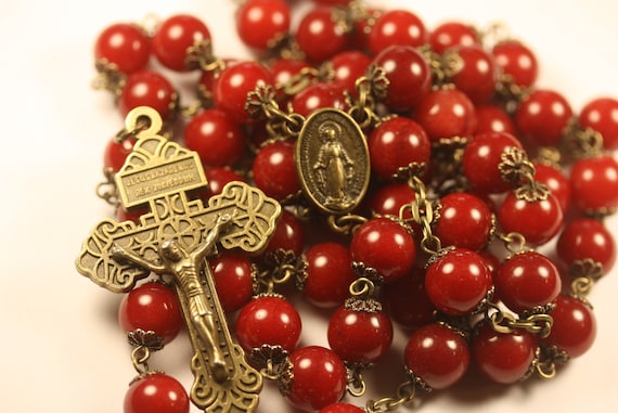 10mm Dark Red Jade Rosary in Bronze made in Oklahoma