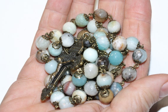 10mm Amazonite Bead Rosary in Bronze made in Oklahoma