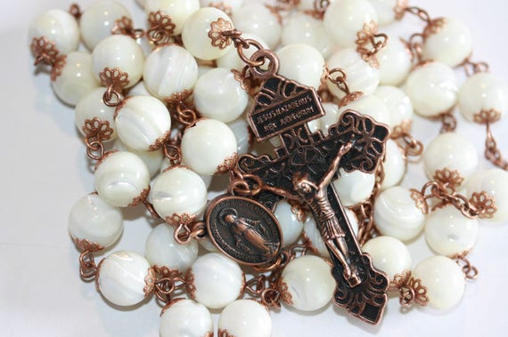 Handmade White Sea Shell Mother of Pearl Rosary with Pardon Crucifix
