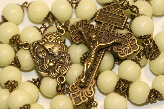 NEW Holy Family 10mm Glow in the Dark Rosary in Bronze with Pardon Crucifix Handmade in Oklahoma