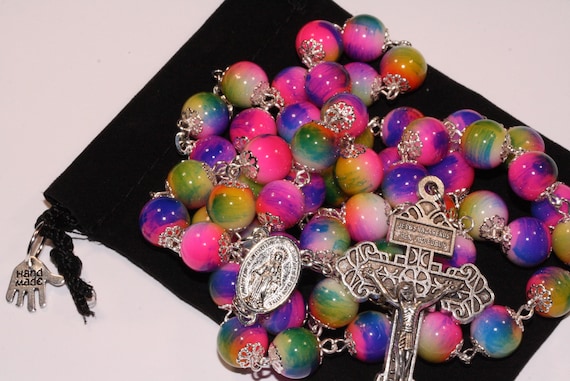 10mm Gass Pink Purple Green Yellow Rosary in Silver with Pardon Crucifix made in Oklahoma