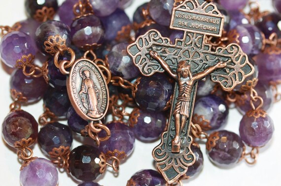 Large 10mm Amethyst Natural Stone Bead Rosary in Copper Handmade Oklahoma Faceted Stones