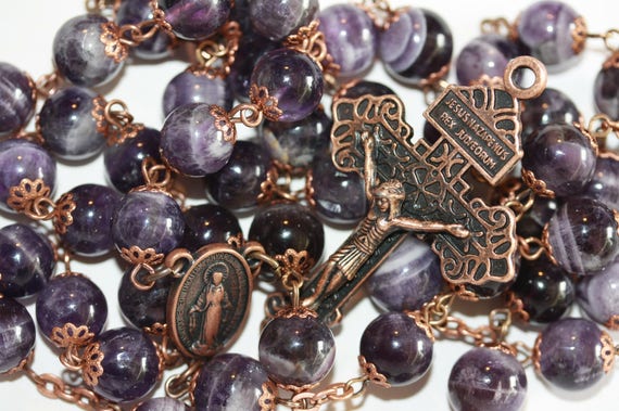 10mm Non-Faceted Amethyst Rosary in Copper with Pardon Crucifix Handmade in Oklahoma