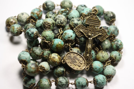 Coffee Table Rosary - Large 12mm African Turquoise and Bronze Handmade Rosary Handmade in Oklahoma 5 decade Pardon Crucifix