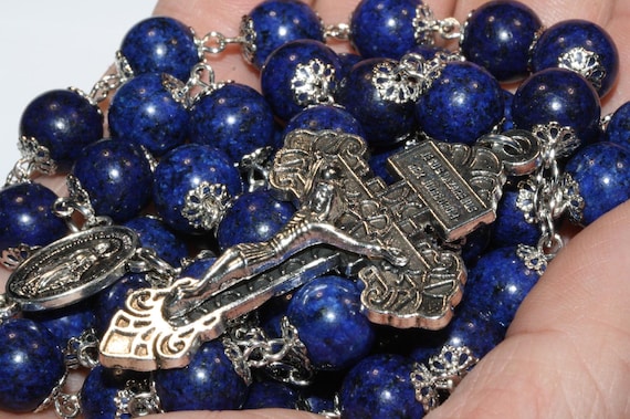Lapis and Silver 10mm oversized Rosary handmade in Oklahoma