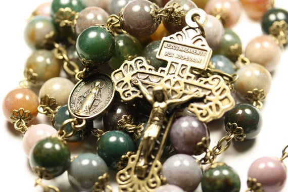 Standard 8mm ite and Bronze 5 Decade Natural Stone Bead Rosary Made in Oklahoma