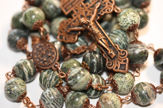 Large 10mm Green Zebra Jasper Rosary in Copper Made in Oklahoma with Pardon Crucifix