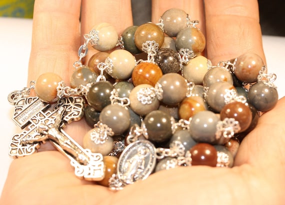 Large 10mm Many Color Jasper in Silver Handmade Rosary Handmade in Oklahoma 5 decade Pardon Crucifix