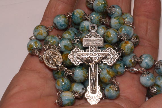 10mm Glass Aqua and Yellow Rosary in Silver with Pardon Crucifix made in Oklahoma