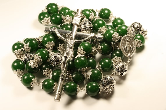 14mm Green Jade Stone Bead Wall Rosary in Silver made in Oklahoma